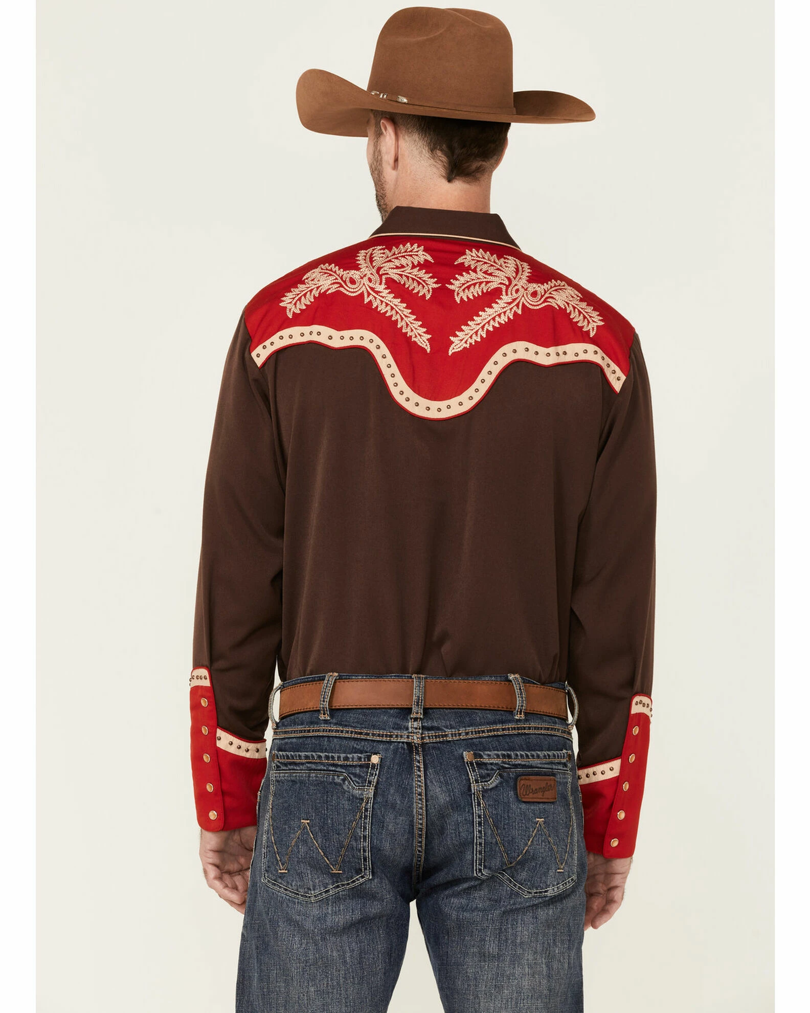 Scully Men's Boot Stitch Embroidered Chocolate & Red Long Sleeve Snap Western Shirt Brown 6 Scully Men's Boot Stitch Embroidered Chocolate & Red Long Sleeve Snap Western Shirt Brown - Image 4
