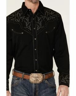 Scully Men's Longhorn Embroidered Studded Black Long Sleeve Snap Western Shirt  -Scully Shop 2000367610 001 P3