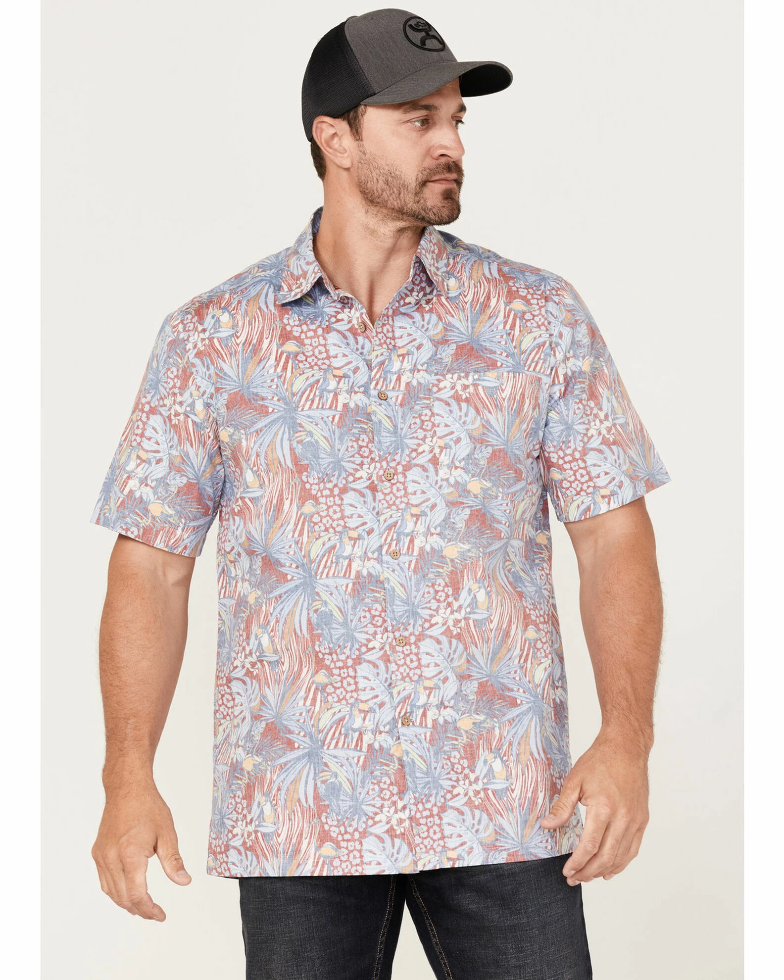 Scully Men's Birds Of Paradise Floral Print Short Sleeve Button-Down Western Shirt Red 3 Scully Men's Birds Of Paradise Floral Print Short Sleeve Button-Down Western Shirt Red