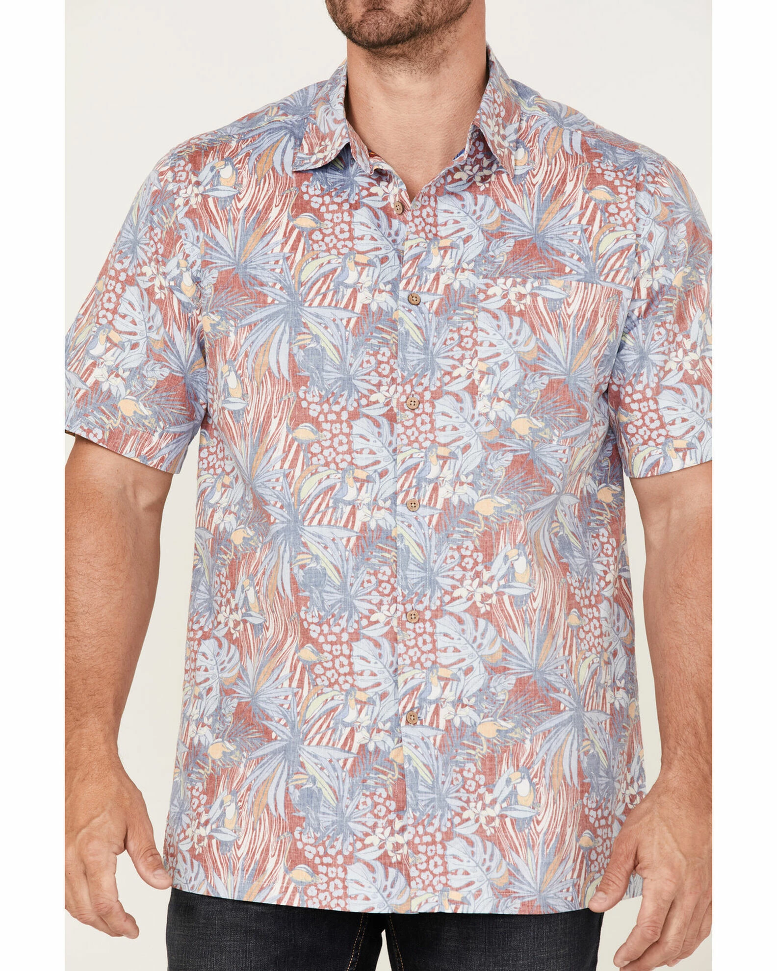 Scully Men's Birds Of Paradise Floral Print Short Sleeve Button-Down Western Shirt Red 5 Scully Men's Birds Of Paradise Floral Print Short Sleeve Button-Down Western Shirt Red - Image 3