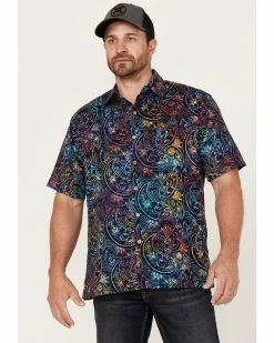 Scully Men's Paisley Floral Print Short Sleeve Button-Down Western Shirt  Dark Blue