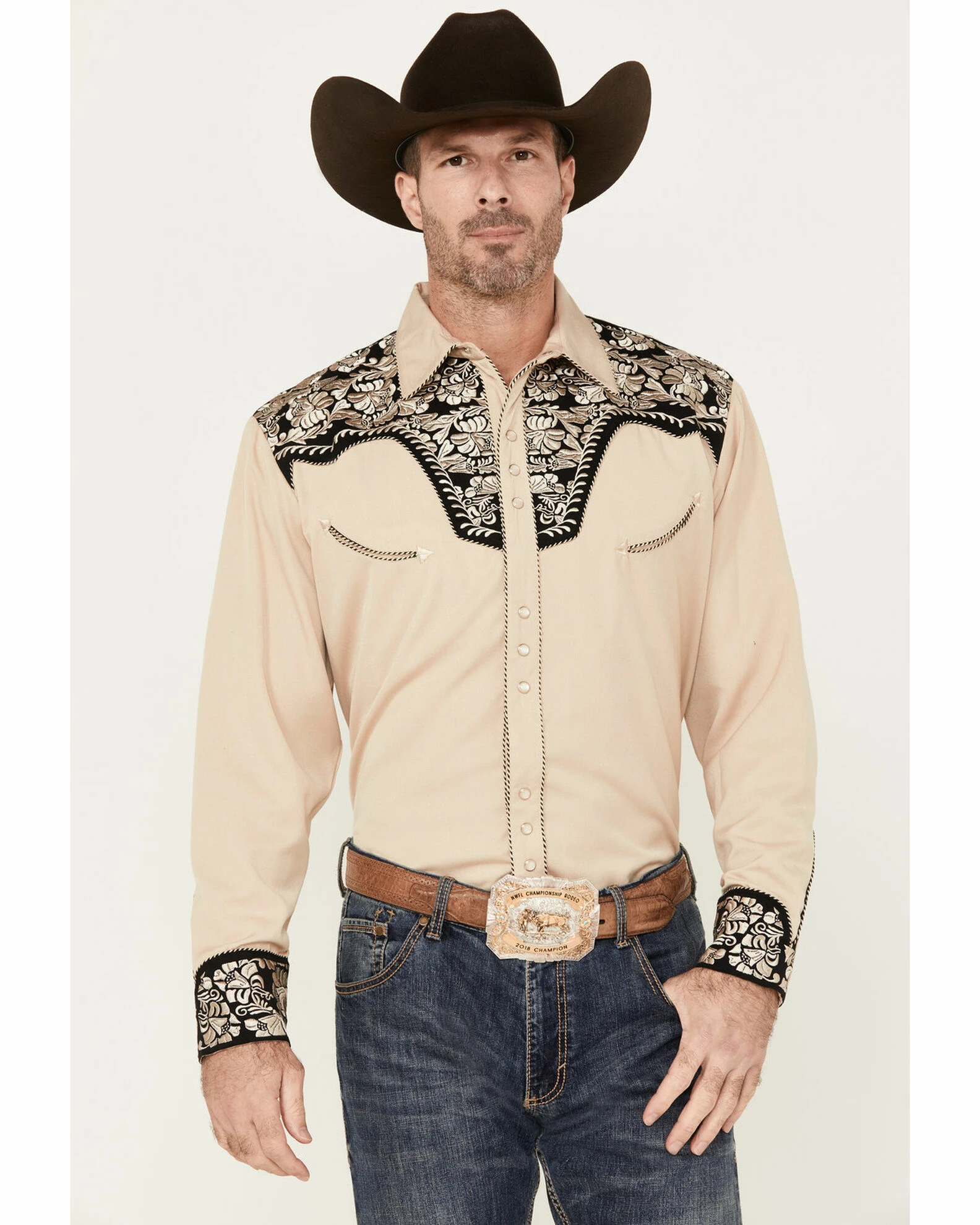 Scully Men's Floral Tooled Embroidered Long Sleeve Western Snap Shirt Tan 3 Scully Men's Floral Tooled Embroidered Long Sleeve Western Snap Shirt Tan