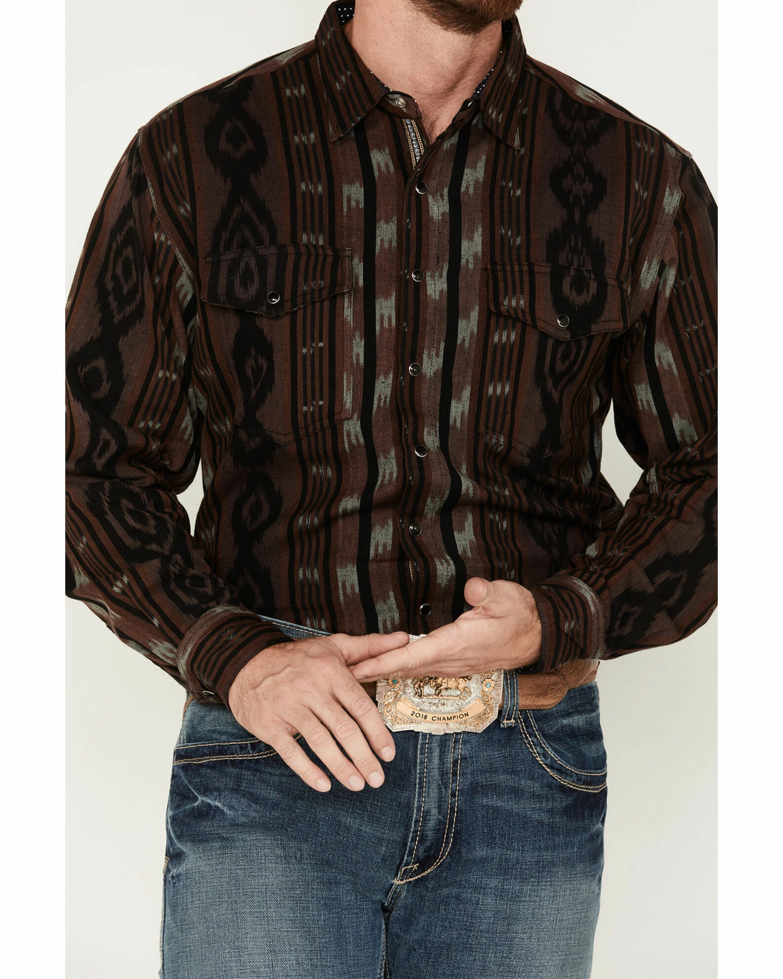 Scully Men's Jacquard Southwestern Stripe Long Sleeve Snap Shirt Brown 5 Scully Men's Jacquard Southwestern Stripe Long Sleeve Snap Shirt Brown - Image 3
