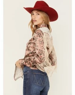 Scully Women's Satin Paisley Print Long Sleeve Fringe Western Shirt Brown