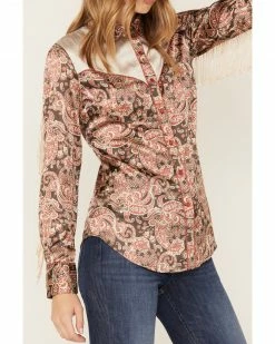 Scully Women's Satin Paisley Print Long Sleeve Fringe Western Shirt  Brown -Scully Shop 2000378306 200 P3