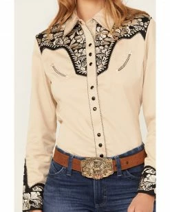 Scully Women's Floral Tooled Embroidered Long Sleeve Western Shirt Black/tan -Scully Shop 2000378309 908 P3
