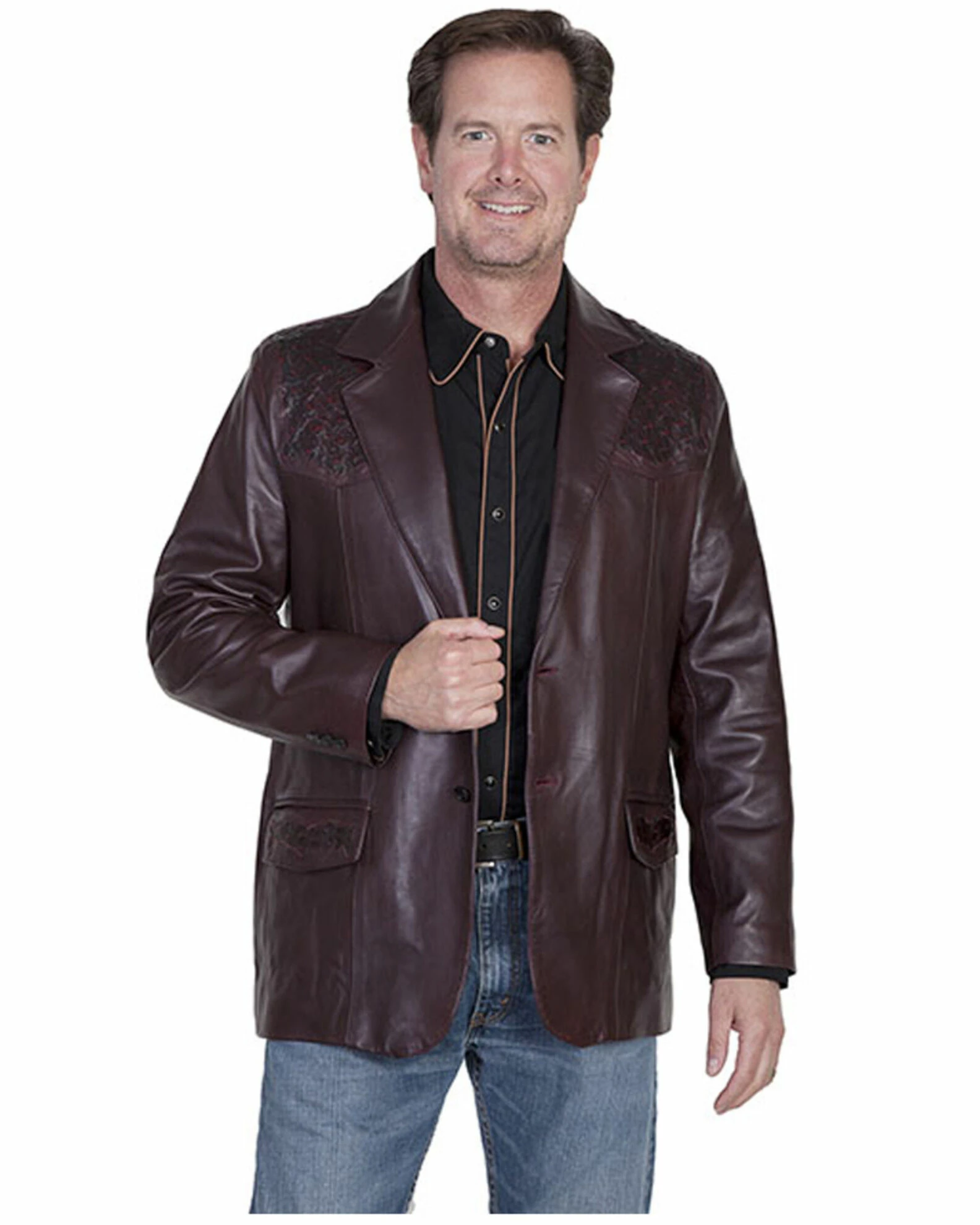Scully Men's Ostrich Trim Leather Blazer Black Cherry 3 Scully Men's Ostrich Trim Leather Blazer Black Cherry
