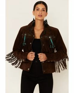 Scully Fringe & Beaded Boar Suede Leather Jacket For Women's Chamois