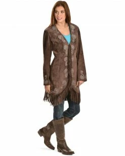 Scully Women's Fringe Embroidered Suede Coat Brown