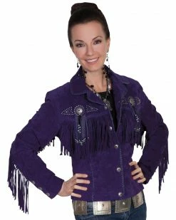 Scully Beaded Fringe Boar Suede Jacket For Women's Eggplant -Scully Shop 225F66 DS P1