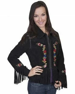 Scully Embroidered Zip-Up Suede Jacket For Women's Black