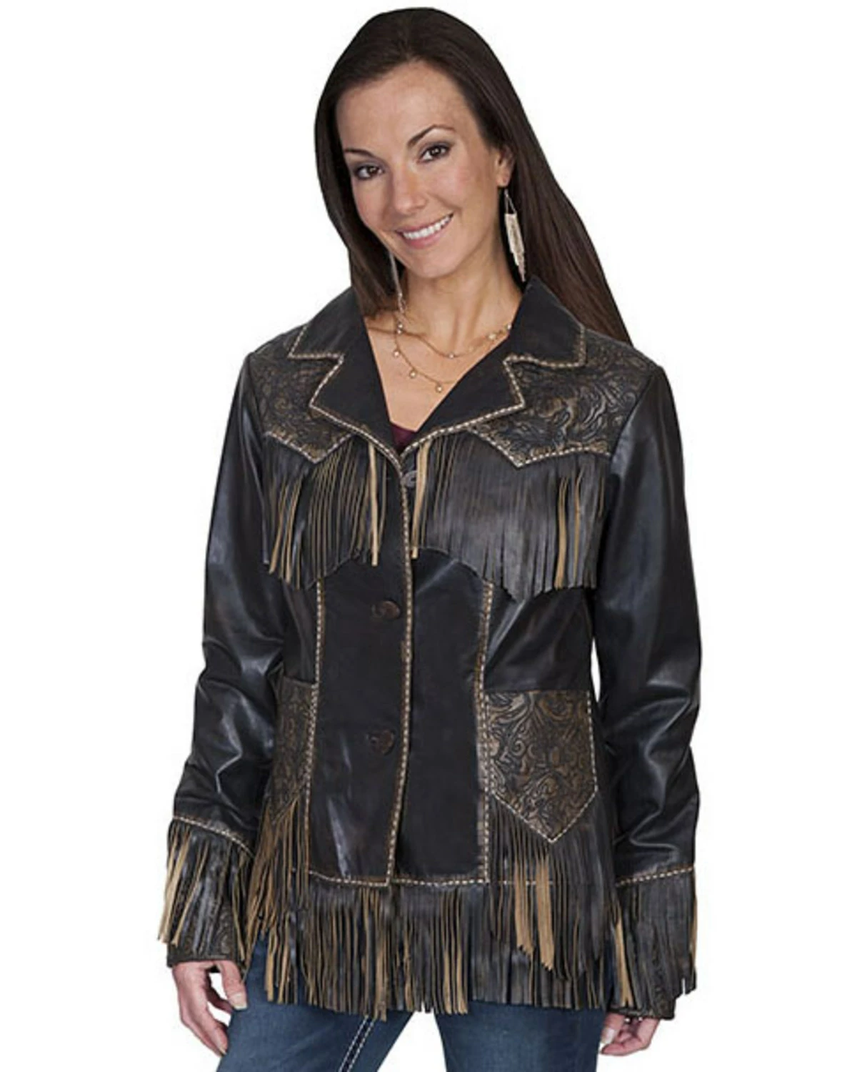 Scully Women's Fringe Tooled Leather Jacket Brown 4 Scully Women's Fringe Tooled Leather Jacket Brown - Image 3