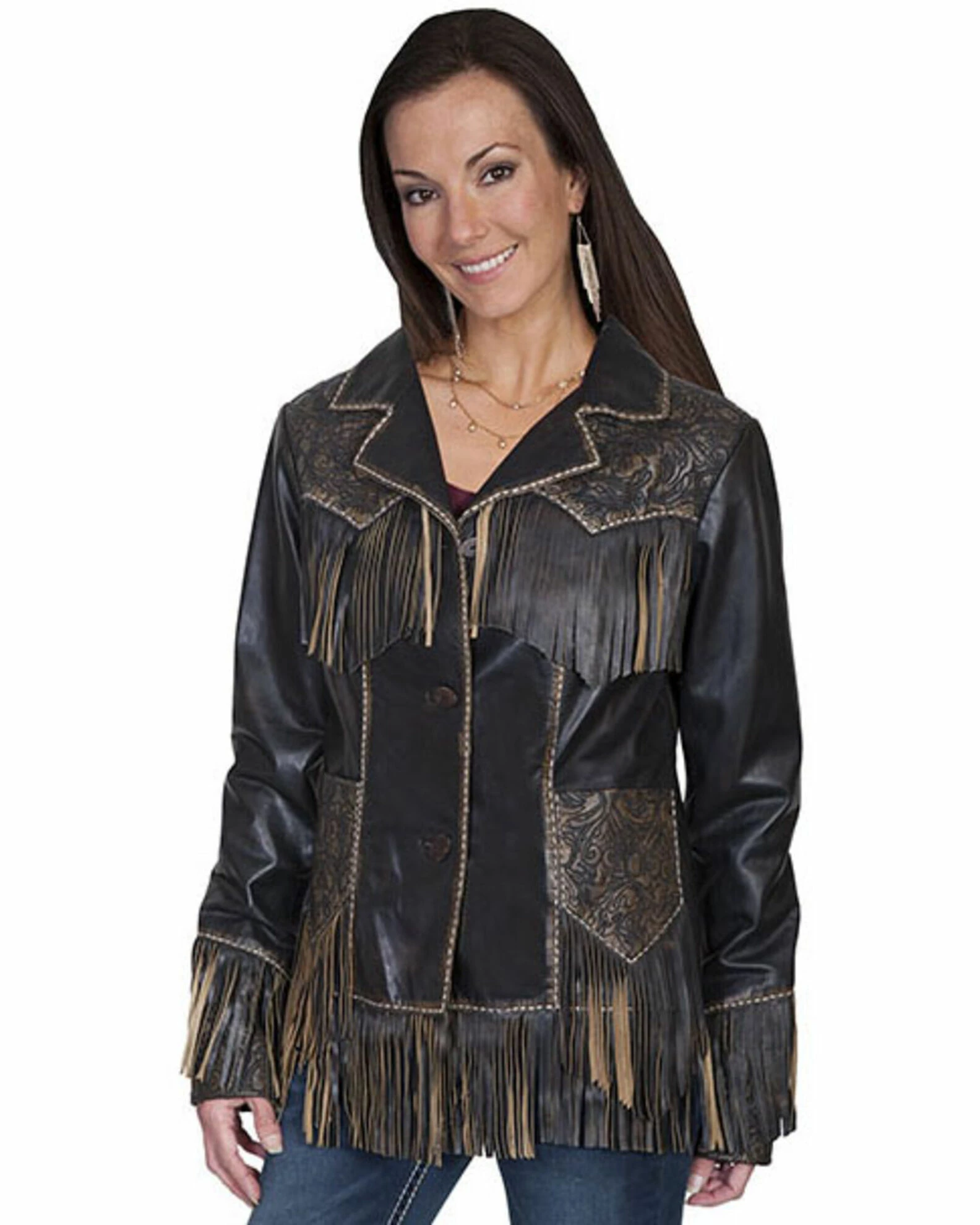Scully Women's Fringe Tooled Leather Jacket Brown 2 Scully Women's Fringe Tooled Leather Jacket Brown