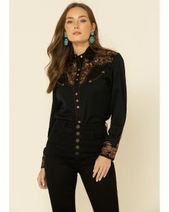 Scully Shop 15 Scully Women's Floral Embroidered Long Sleeve Western Shirt Denim