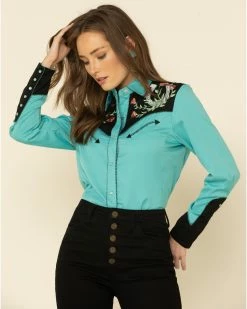 Scully Women's Horseshoe Embroidered Retro Western Shirt Turquoise -Scully Shop 658138 64 P1 1