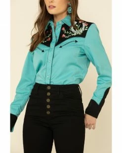 Scully Women's Horseshoe Embroidered Retro Western Shirt Turquoise -Scully Shop 658138 64 P3