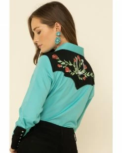 Scully Women's Horseshoe Embroidered Retro Western Shirt Turquoise -Scully Shop 658138 64 P4