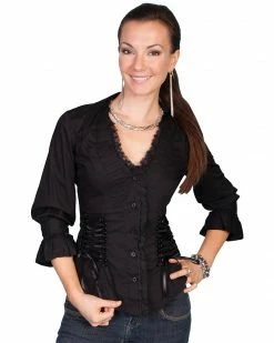 Scully Women's 3/4 Sleeve Ruffle Blouse White 10 Scully Women's 3/4 Sleeve Ruffle Blouse White -Scully Shop 658D76 89 P1