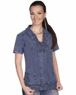 Scully Button Front Short Sleeve Top For Women's Dark Blue