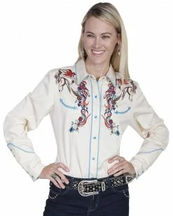 Scully Women's Colorful Horse Embroidered Long Sleeve Shirt Cream