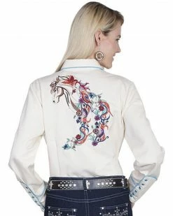 Scully Women's Colorful Horse Embroidered Long Sleeve Shirt Cream 8 Scully Women's Colorful Horse Embroidered Long Sleeve Shirt Cream -Scully Shop 658M14 02 P2